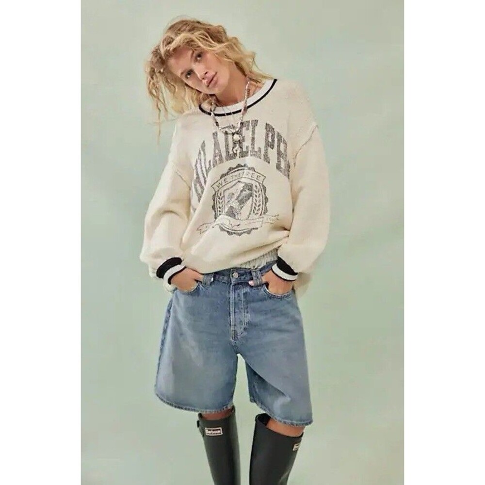 Free People Philadelphia Heavy Knit Sweater Cream Black Trim Size XS Boho Cozy